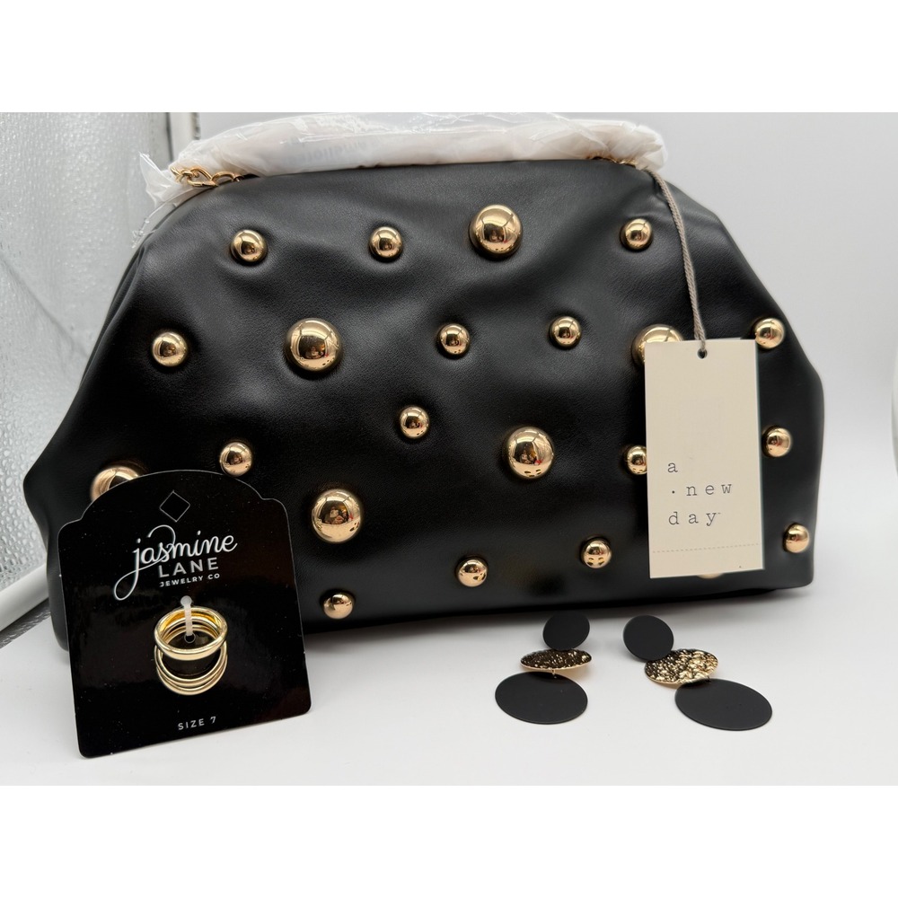 A New Day Black Studded Clutch Bag Bundle with Jasmine Lane Rings and‎ Earrings